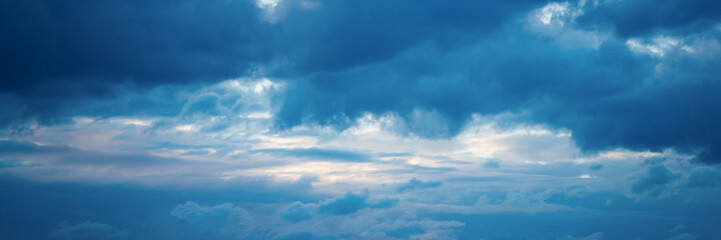 Naklejka na ściany i meble Beautiful Blue Sky with Dramatic Clouds. Nature Spectacles panorama
