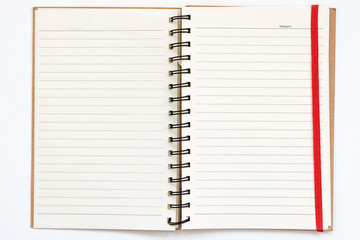 New open notepad for writing on white background. Red bookmark on blank empty page. The concept of study, planning.