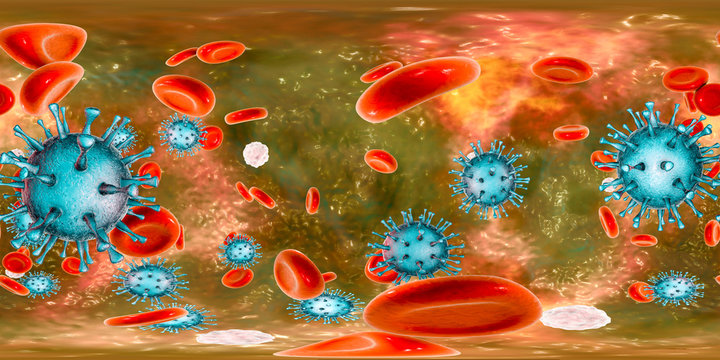 Cytomegaloviruses CMV in human blood, 360-degree spherical panorama, 3D illustration. A DNA virus from Herpesviridae family, mostly causes diseases in newborns and immunocompromised patients