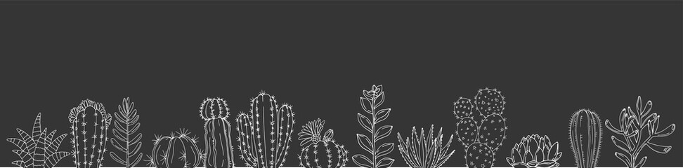 Poster with seamless ornament hand drawn cacti and succulents on a chalkboard background
