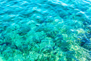 Naklejka na ściany i meble Transparent turquoise sea water with sun glare, background.