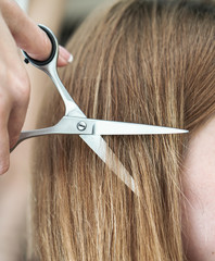 Haircutting process in the hairdresser. woman in the salon smoothes her hair. Hands with scissors. Stock photos for design