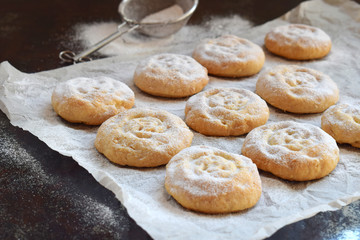 Sesame shortbread with date stuffing. Middle Eastern cookies. Eid and Ramadan Dates Sweets. Kahk. Arabian cuisine. Copy Space.