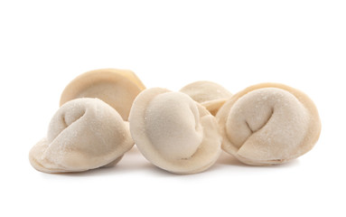 Heap of raw meat dumplings on white background