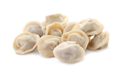 Fototapeta na wymiar Pile of boiled dumplings on white background