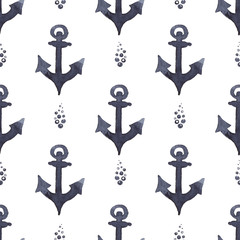 Anchor in indigo color painting. Watercolor art drawing. Sea blue colour. Ocean symbol . Seamless pattern for fabric, textile, background, decoration kid illustration. silhouette element for design.