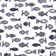 Fish in indigo color painting. Watercolor art drawing. Sea fish blue colour. Ocean animal. Seamless pattern for fabric, textile, background, decoration kid illustration. Marine element for design.