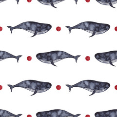 Whale in indigo color painting. Watercolor art drawing. Sea fish blue colour. Ocean animal. Seamless pattern for fabric, textile, background, decoration kid illustration. silhouette element for design