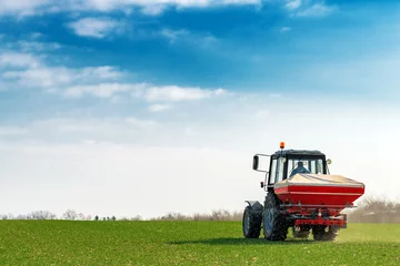 Foto op Aluminium Agricultural tractor fertilizing wheat crop field with NPK © Bits and Splits