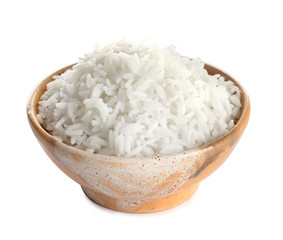 Bowl of tasty cooked rice on white background