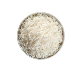 Fototapeta na wymiar Bowl of tasty cooked rice on white background, top view