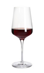 Glass of delicious expensive red wine on white background