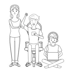 Millennial people gaming party black and white