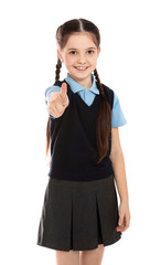 Portrait of cute girl in school uniform on white background