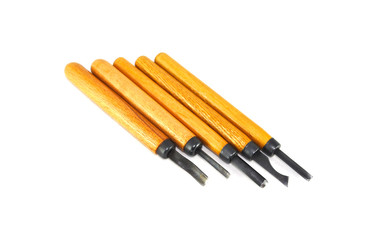 Wood carving tool on white background close up