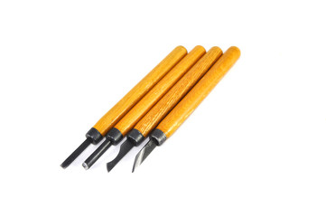 Wood carving tool on white background close up