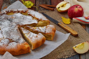 Delicious classic American apple pie. Freshly baked pastry with fruits. Healthy food concept. Rustic style. Copy space