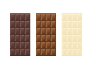 Bitter or dark, milky and white chocolate bars set. Set of chocolate bars without packaging wrap or box isolated on white background