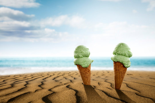 Ice cream on beach and summer landscape of beach with sea. 