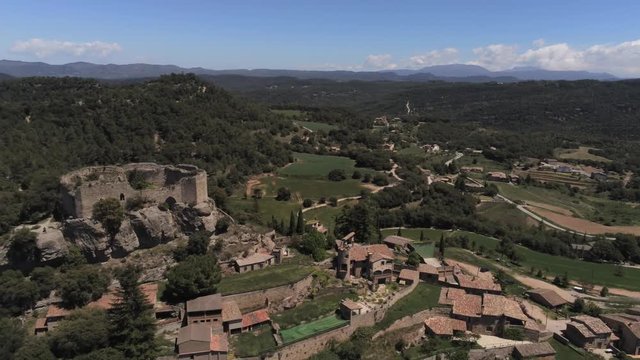 Barcelona. Aerial view in village of  Granera, rural town with castle. Catalonia,Spain. 4k Drone Video