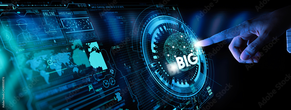 Aufkleber Big data world and globe icon ui with hand selecting and pressing Big Data symbol and modern interface.