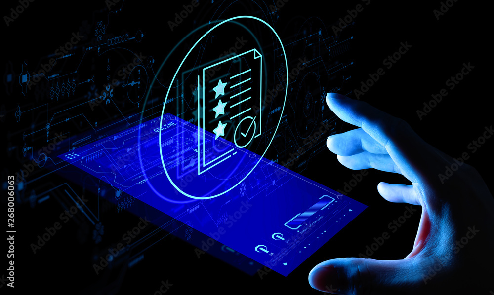 Poster hand touch smart phone icon of document management data system business internet technology concept.
