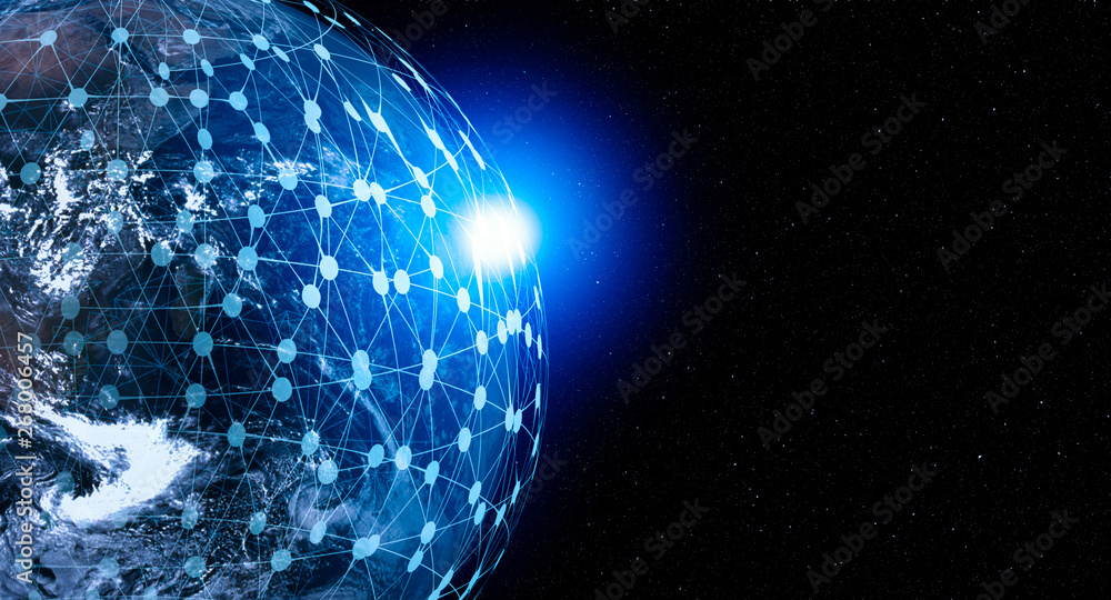 Poster Communication technology for internet business. Global world network and telecommunication on earth cryptocurrency and blockchain and IoT. Elements of this image furnished by NASA
