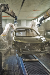 Production line of automobile plant, paint shop.