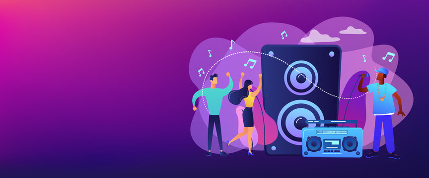 Hip hop singer with microphone at music speaker and tiny people dancing at concert. Hip hop music, hip hop party, RAP music classes concept. Header or footer banner template with copy space.