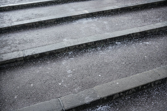 Crystals of salt on stairs, these gets slippery in winter when layer of ice forms top of surface