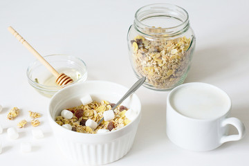 Healthy breakfast. Fresh granola on a white background