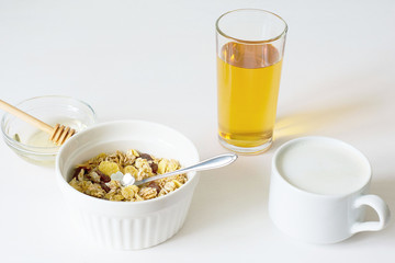 Healthy breakfast. Fresh granola on a white background