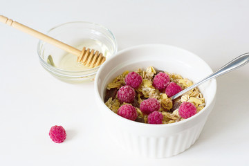 Healthy breakfast. Fresh granola on a white background
