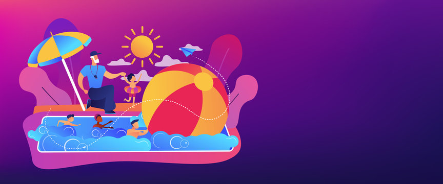 Coach teaching and children learning to swim in the pool in summer camp, tiny people. Swim camp, open water trainings, best swimmer course concept. Header or footer banner template with copy space.