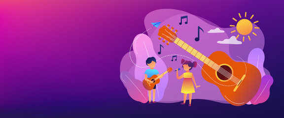 Happy kids enjoy singing and playing the guitar at summer camp, tiny people. Musical camp, young music talents, music and song courses concept. Header or footer banner template with copy space.