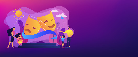 Kids with tutors enjoy acting on theater stage outside, tiny people. Theater camp, summer acting program, young actor courses concept. Header or footer banner template with copy space.