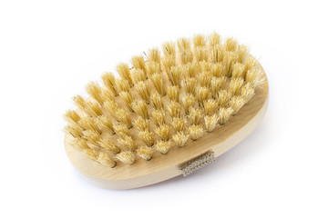 Wooden brush with natural bristle for body massage. Cellulite treatment tool on white background