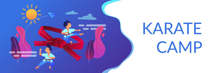 Young athletes doing karate outside at summer camp and big belt, tiny people. Karate camp, kids boxing club, fighting sport section concept. Header or footer banner template with copy space. © Visual Generation