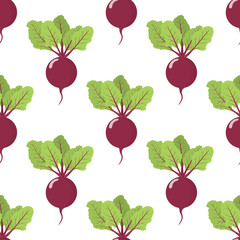 Seamless pattern with fresh beet vegetable. Organic food. Cartoon style. Vector illustration for design, web, wrapping paper, fabric, wallpaper.