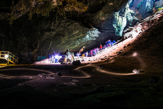 Rays of sunlight into the Phupha Phet cave Satun Thailand.