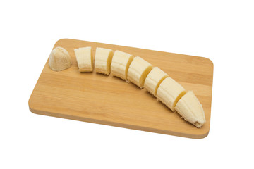 Sliced bananas on a wooden board, serial cutting object