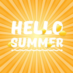 Vector Hello Summer Beach Party Flyer Design template with fresh lemon on orange sky with rays of light background. Hello summer concept label or poster with orange fruit and typographic text.