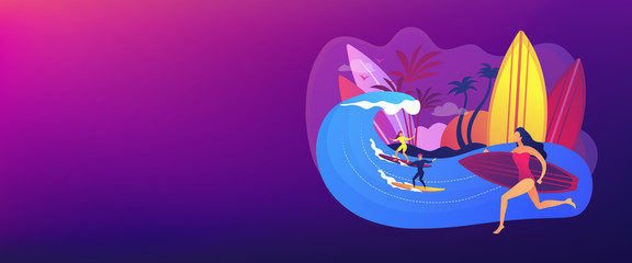 Teacher teaching surfing, riding a wave on the surfboard in ocean, tiny people. Surfing school, surf spot area, learn to surf here concept. Header or footer banner template with copy space.