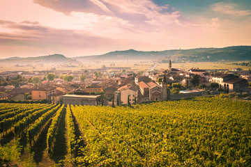 Widok Soave (Włochy) w otoczeniu winnic. - 268009612