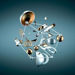 Abstract minimalism background with flying objects and shapes. 3d illustration, 3d rendering.