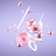 Purple abstract minimalism background with flying objects and shapes. 3d illustration, 3d rendering.
