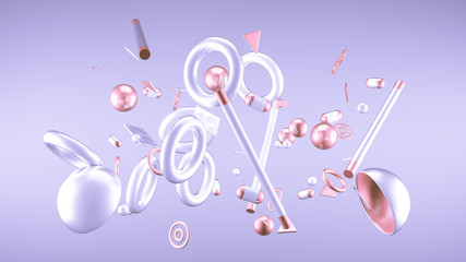 Purple abstract minimalism background with flying objects and shapes. 3d illustration, 3d rendering.
