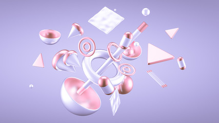 Purple abstract minimalism background with flying objects and shapes. 3d illustration, 3d rendering.