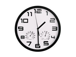 simple classic black and white round wall clock isolated on white. Clock with arabic numerals on wall shows 13:30 , 1:30