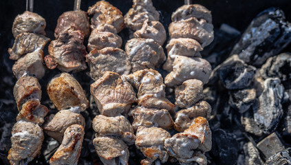 cooked pork kebab on charcoal grill